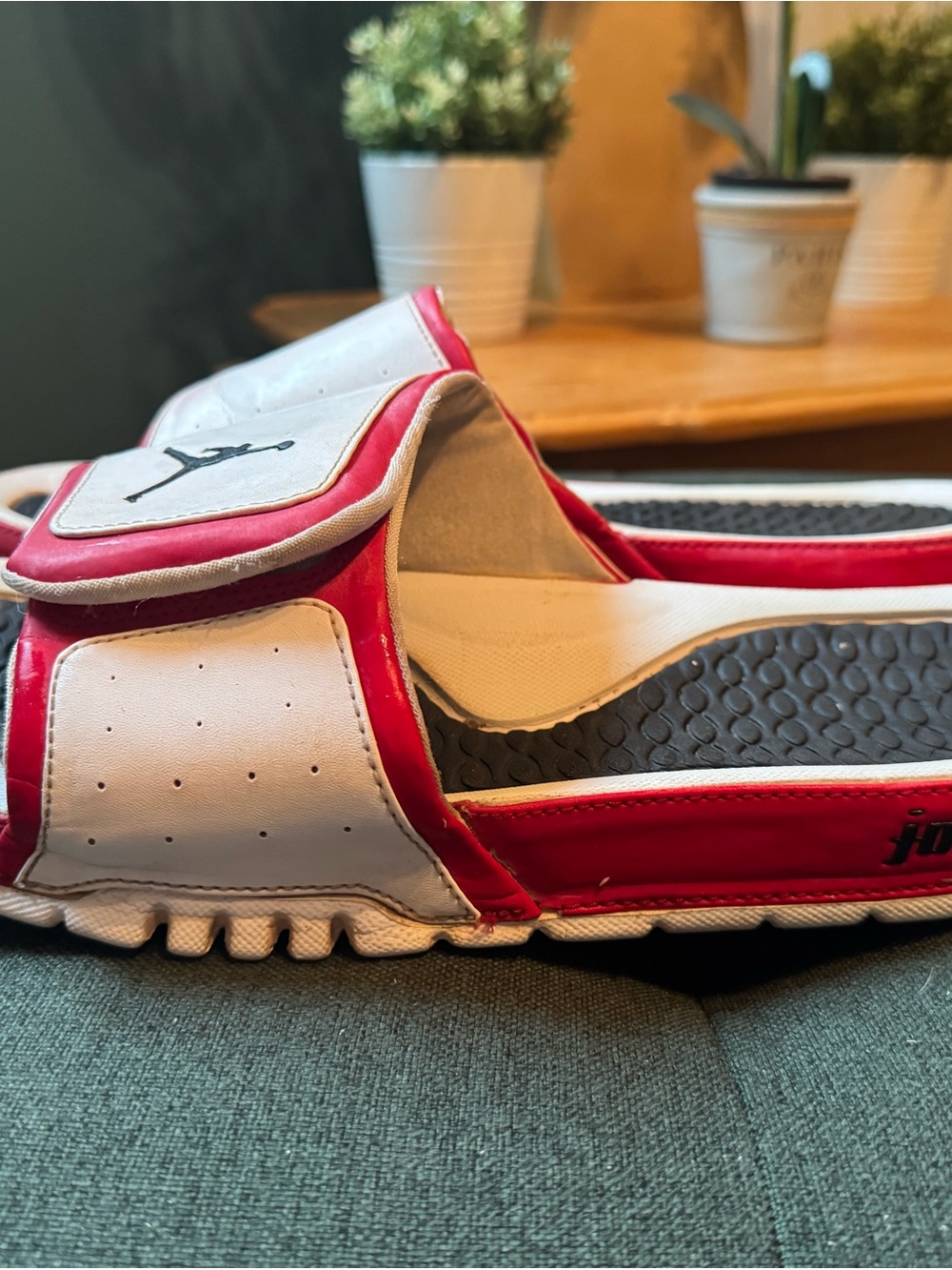 Jordan Men’s Red and White Slide Sandals with Black Footbed Detail